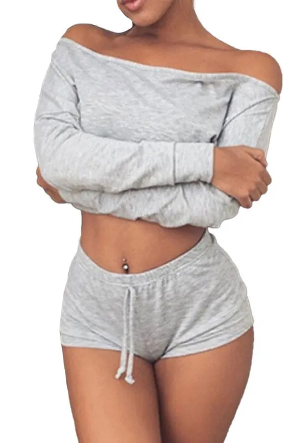 Off Shoulder Long Sleeve Sweatshirt High Waisted Shorts Lounge Set