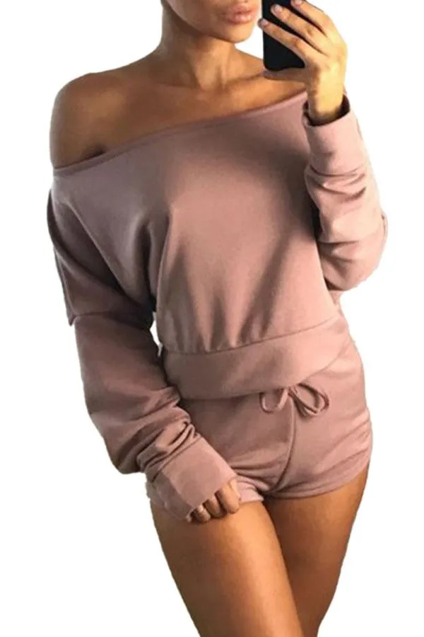 Off Shoulder Long Sleeve Sweatshirt High Waisted Shorts Lounge Set