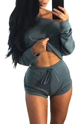 Off Shoulder Long Sleeve Sweatshirt High Waisted Shorts Lounge Set