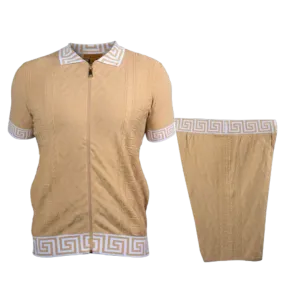 Prestige Beige Full Zipper Shirt & Short Set Greek Key Luxury Style SKJ-220