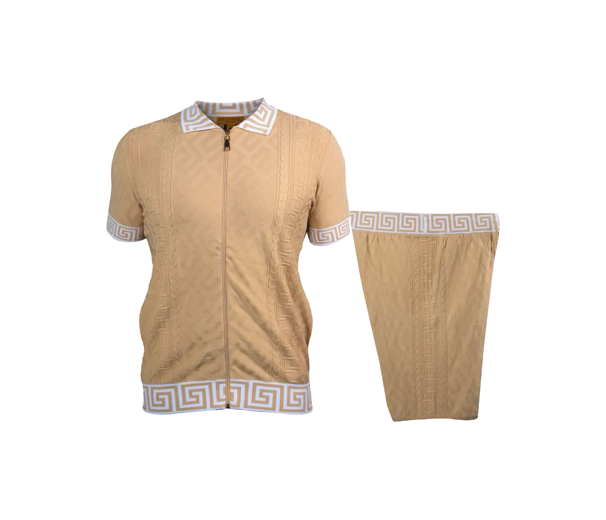 Prestige Beige Full Zipper Shirt & Short Set Greek Key Luxury Style SKJ-220