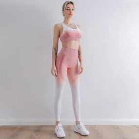 Seamless Pink and White Ombre Padded Sports Bra and Leggings Gym Set