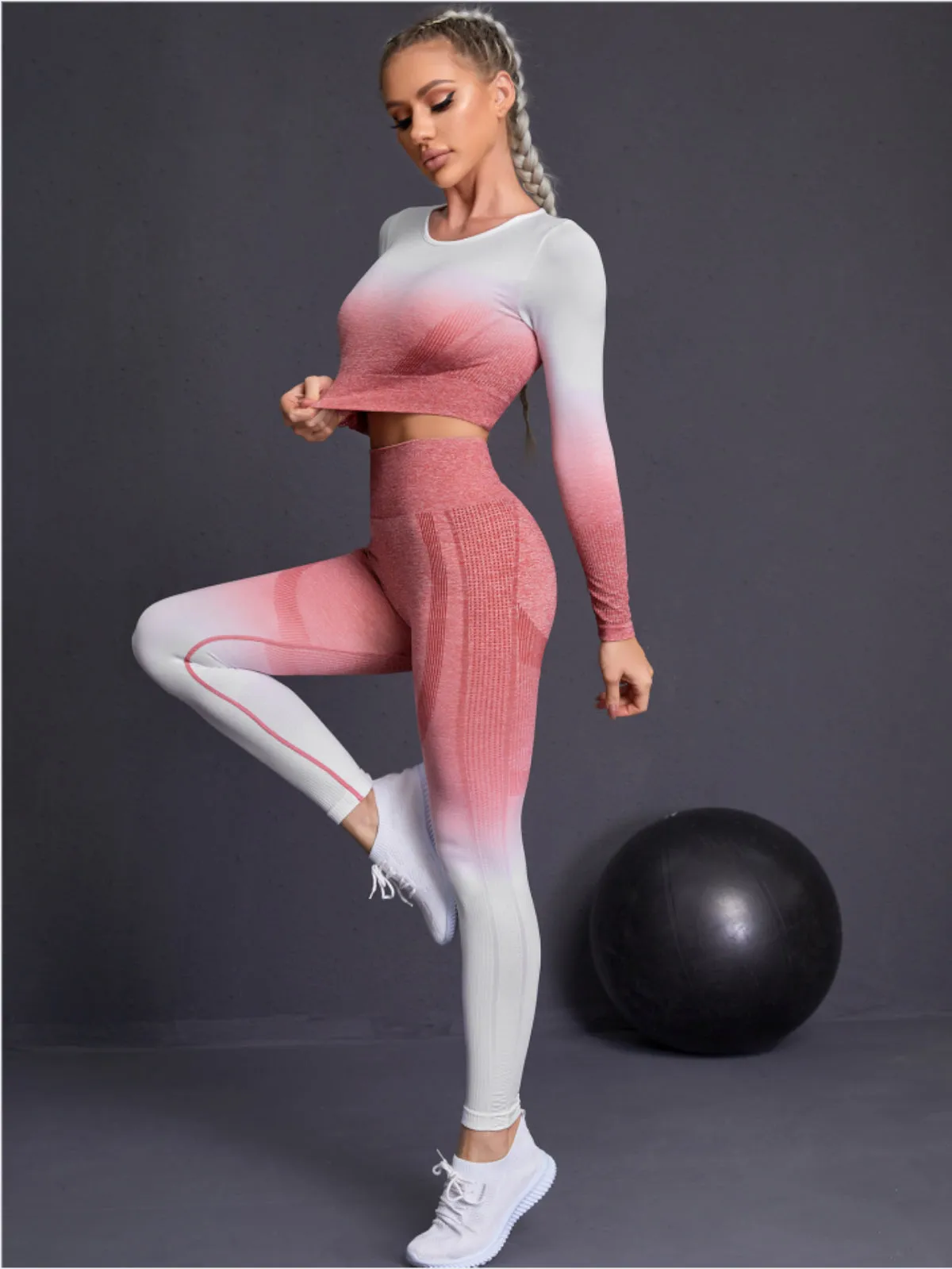 Seamless Pink and White Ombre Padded Sports Bra and Leggings Gym Set