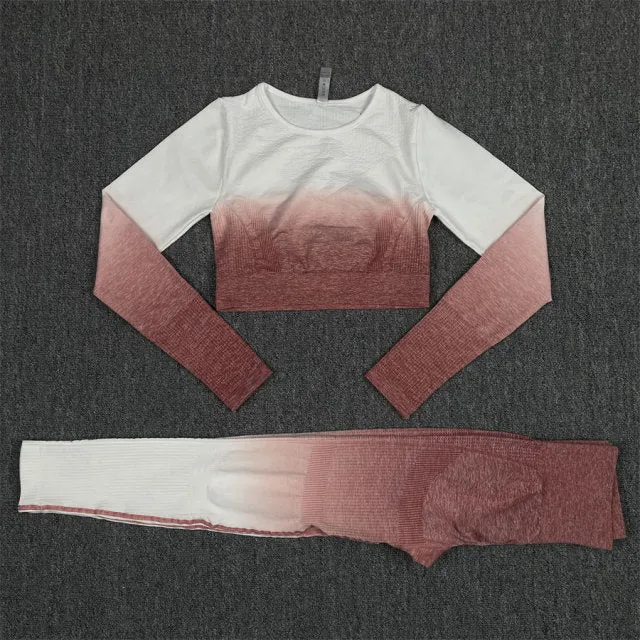 Seamless Pink and White Ombre Padded Sports Bra and Leggings Gym Set