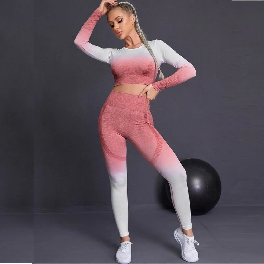Seamless Pink and White Ombre Padded Sports Bra and Leggings Gym Set