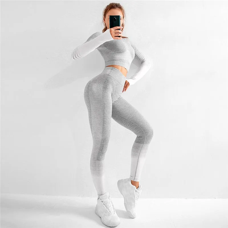 Seamless Rib Yoga Set Sport Outfits Suit