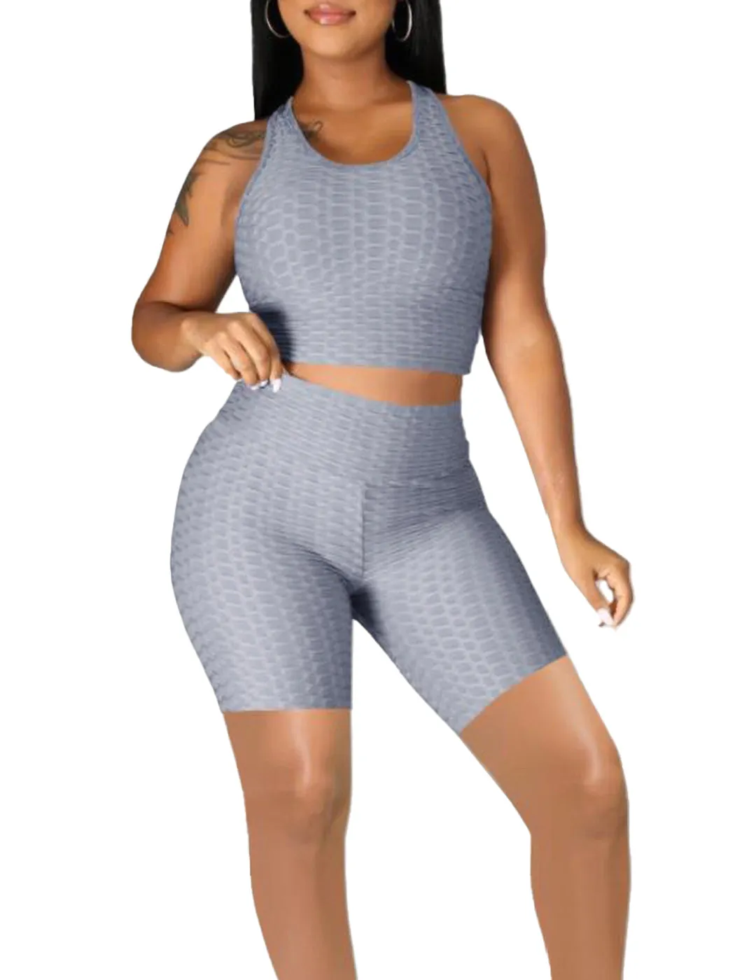 Seamless Yoga Workout Set for Stretchy 2 Piece Outfits Raceback Crop Top High Waist Gym Shorts