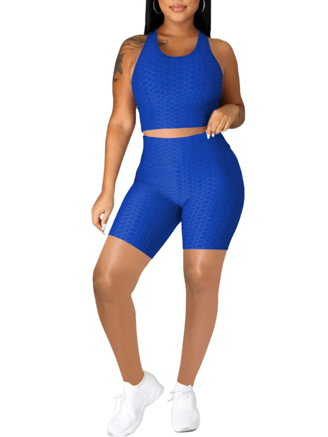 Seamless Yoga Workout Set for Stretchy 2 Piece Outfits Raceback Crop Top High Waist Gym Shorts