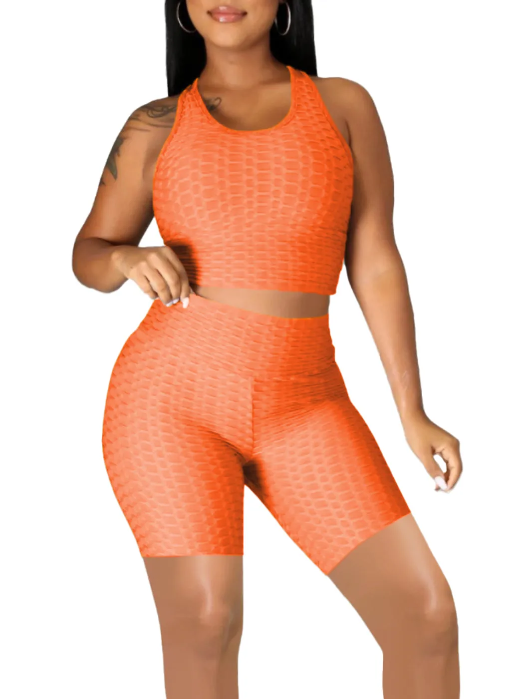 Seamless Yoga Workout Set for Stretchy 2 Piece Outfits Raceback Crop Top High Waist Gym Shorts