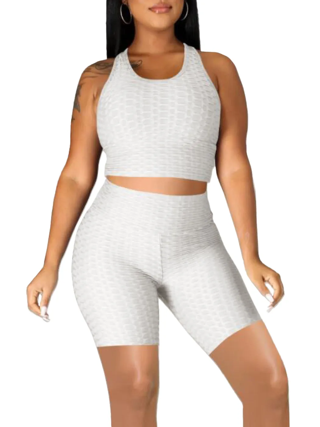 Seamless Yoga Workout Set for Stretchy 2 Piece Outfits Raceback Crop Top High Waist Gym Shorts