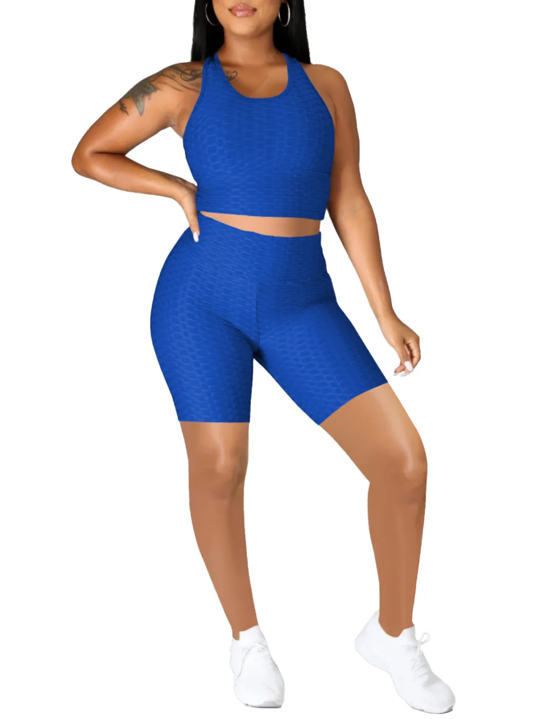 Seamless Yoga Workout Set for Stretchy 2 Piece Outfits Raceback Crop Top High Waist Gym Shorts