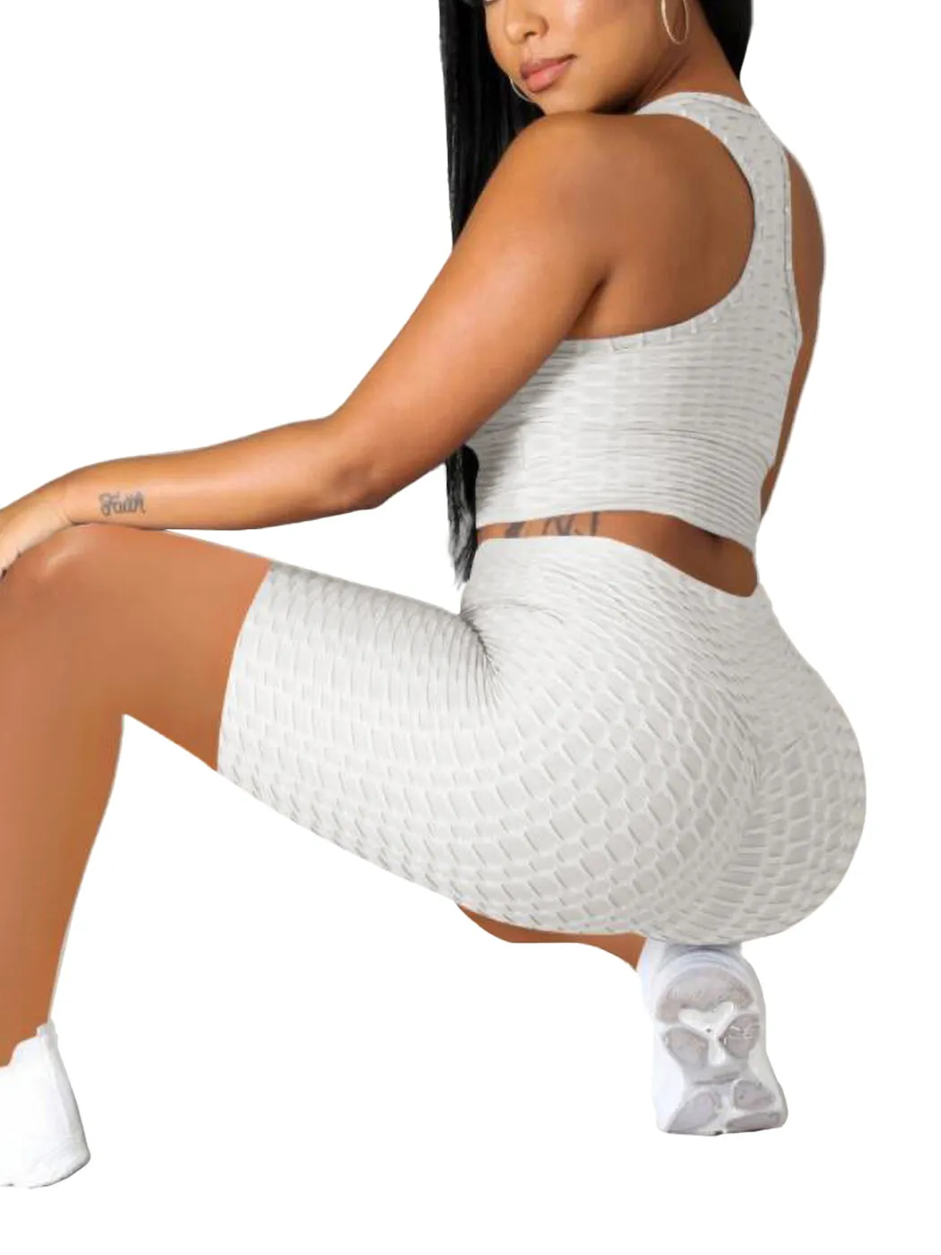 Seamless Yoga Workout Set for Stretchy 2 Piece Outfits Raceback Crop Top High Waist Gym Shorts