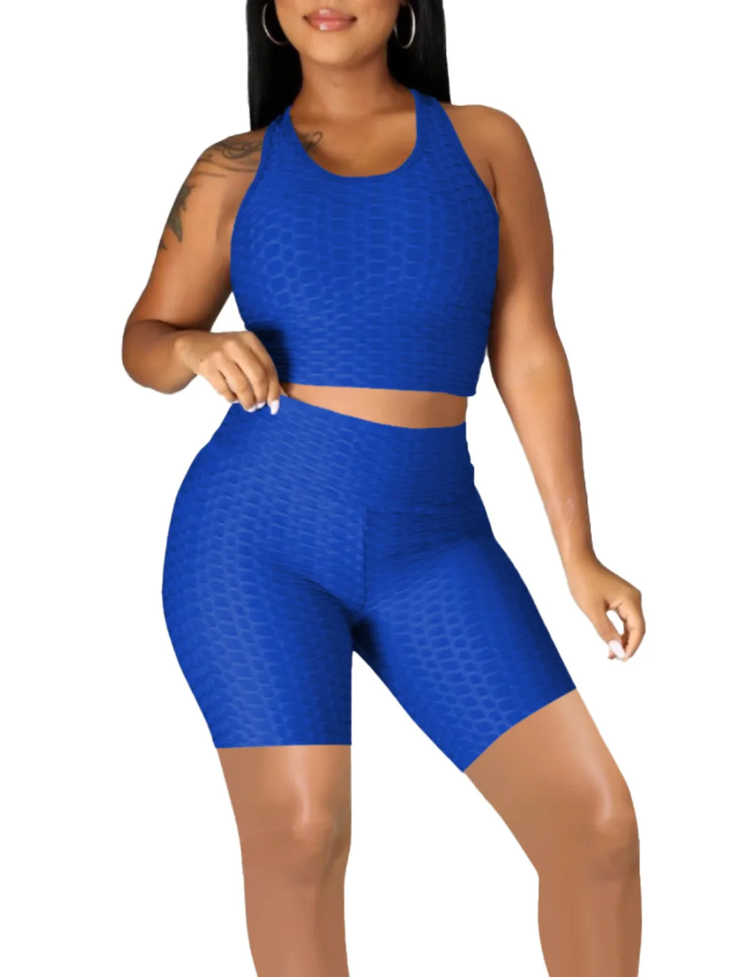 Seamless Yoga Workout Set for Stretchy 2 Piece Outfits Raceback Crop Top High Waist Gym Shorts