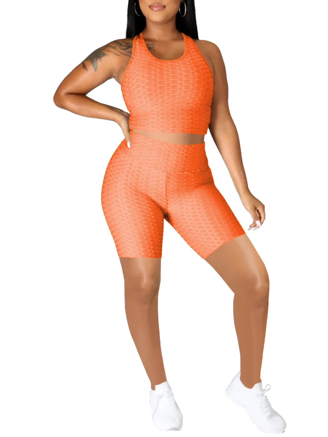 Seamless Yoga Workout Set for Stretchy 2 Piece Outfits Raceback Crop Top High Waist Gym Shorts