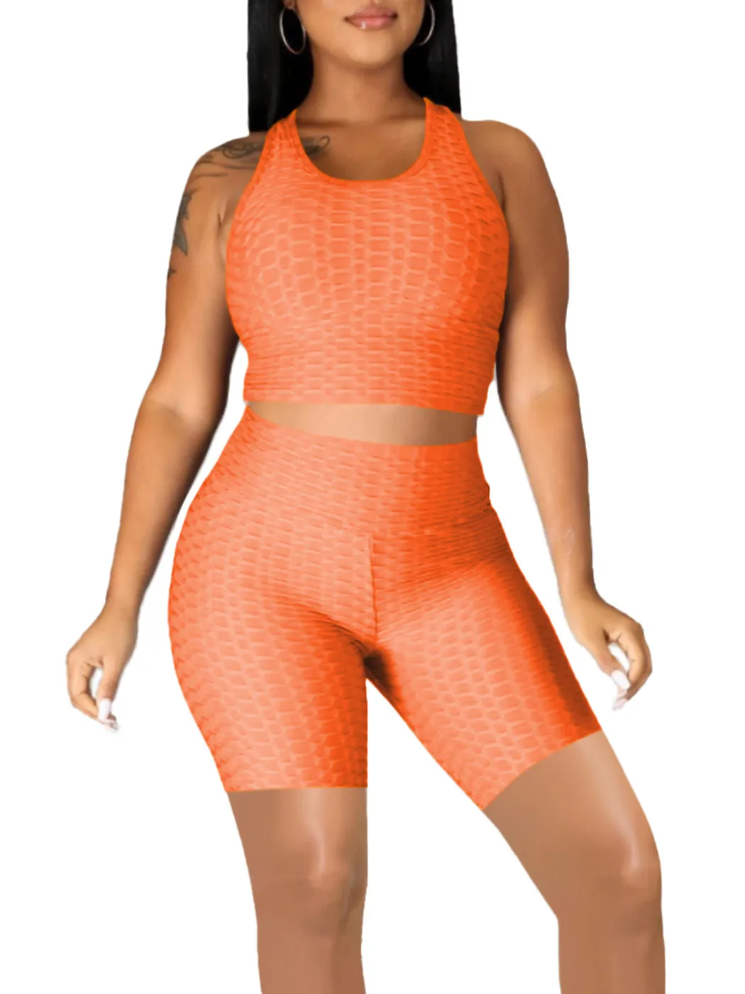 Seamless Yoga Workout Set for Stretchy 2 Piece Outfits Raceback Crop Top High Waist Gym Shorts