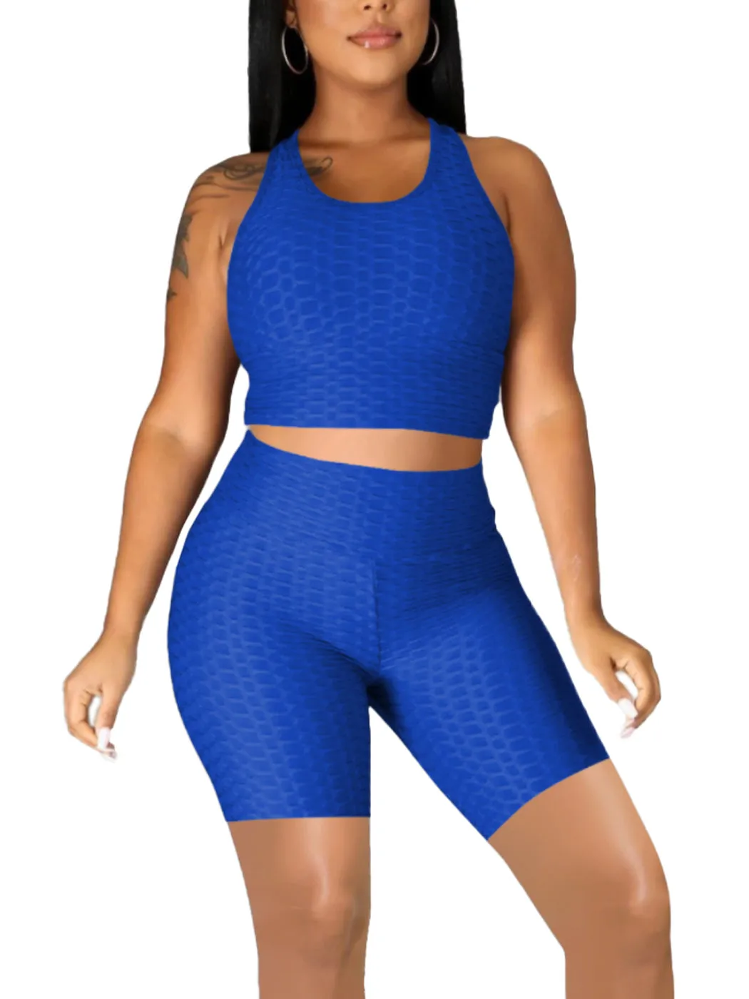 Seamless Yoga Workout Set for Stretchy 2 Piece Outfits Raceback Crop Top High Waist Gym Shorts
