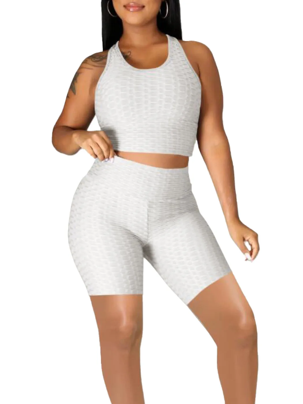 Seamless Yoga Workout Set for Stretchy 2 Piece Outfits Raceback Crop Top High Waist Gym Shorts