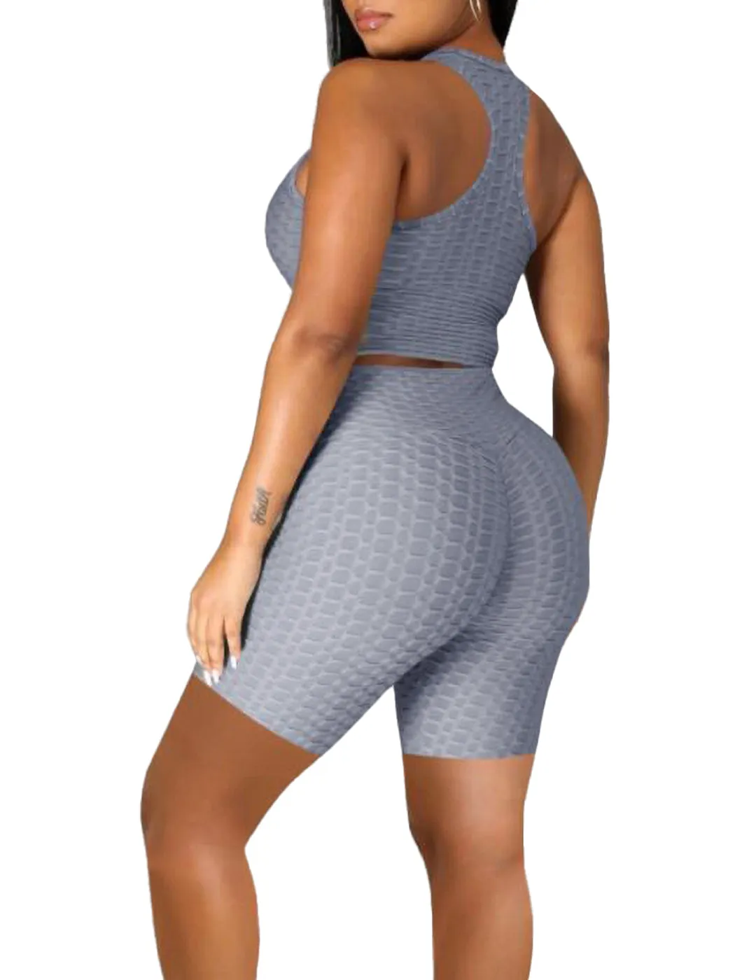 Seamless Yoga Workout Set for Stretchy 2 Piece Outfits Raceback Crop Top High Waist Gym Shorts