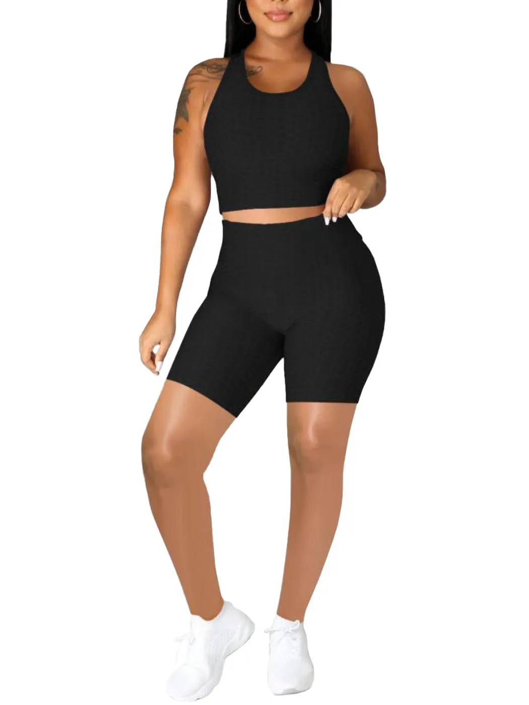 Seamless Yoga Workout Set for Stretchy 2 Piece Outfits Raceback Crop Top High Waist Gym Shorts