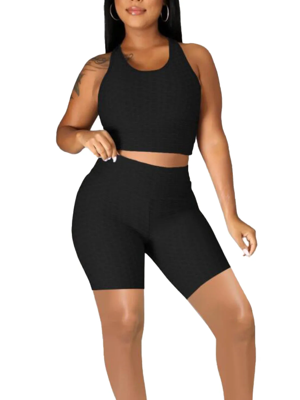 Seamless Yoga Workout Set for Stretchy 2 Piece Outfits Raceback Crop Top High Waist Gym Shorts