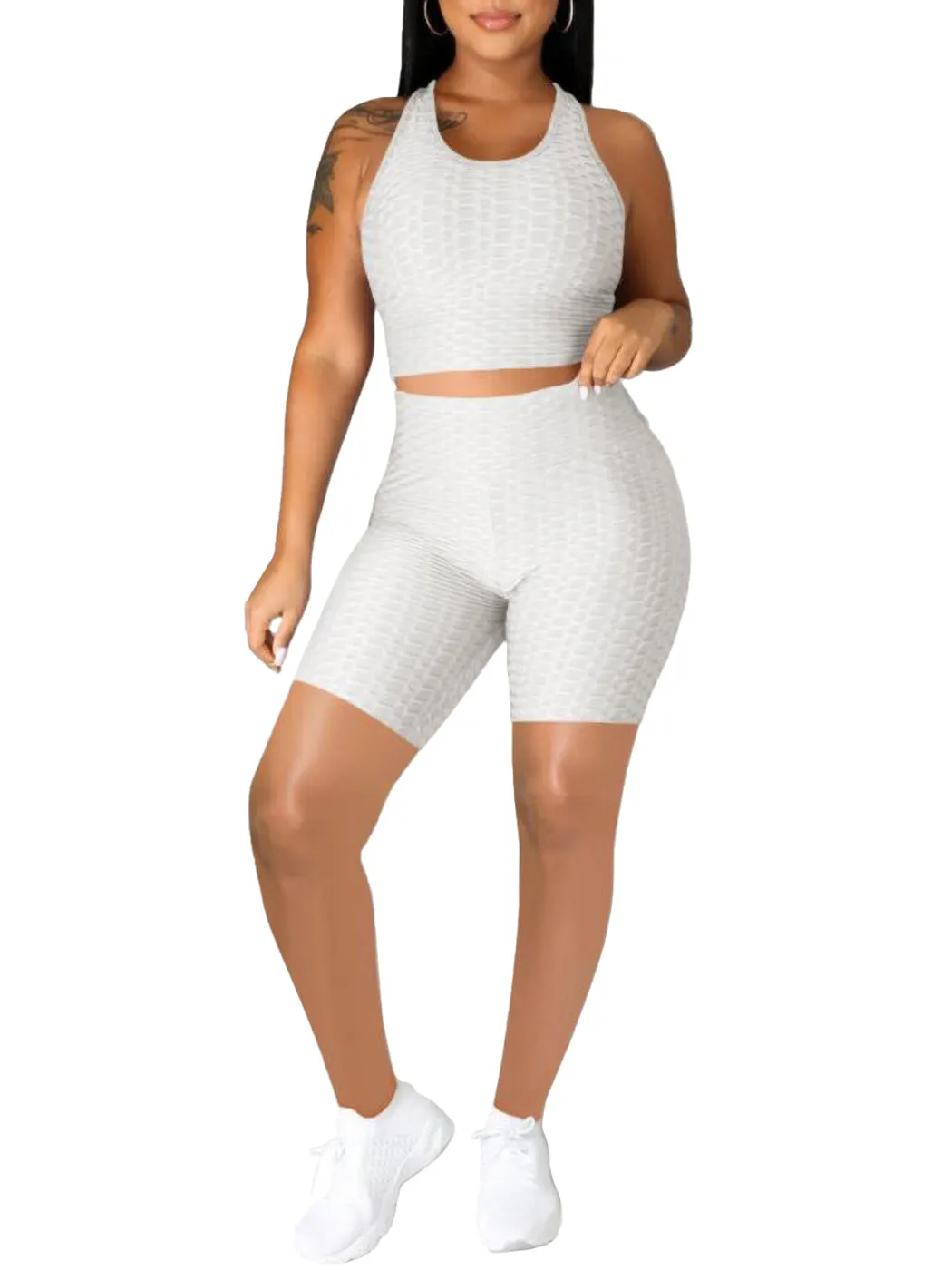 Seamless Yoga Workout Set for Stretchy 2 Piece Outfits Raceback Crop Top High Waist Gym Shorts