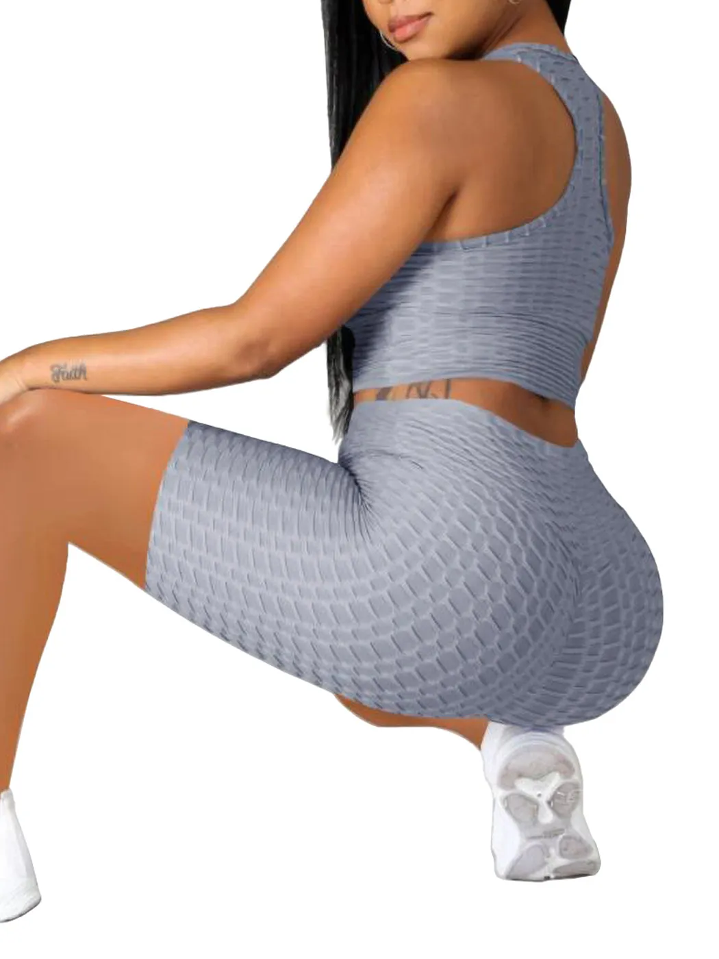 Seamless Yoga Workout Set for Stretchy 2 Piece Outfits Raceback Crop Top High Waist Gym Shorts