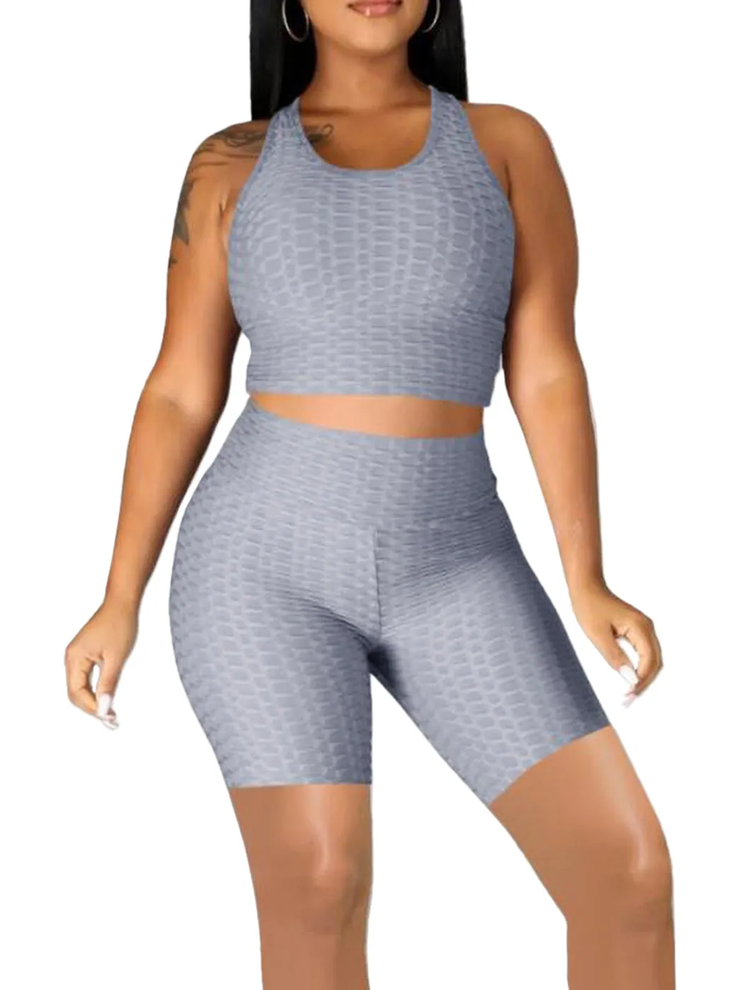 Seamless Yoga Workout Set for Stretchy 2 Piece Outfits Raceback Crop Top High Waist Gym Shorts