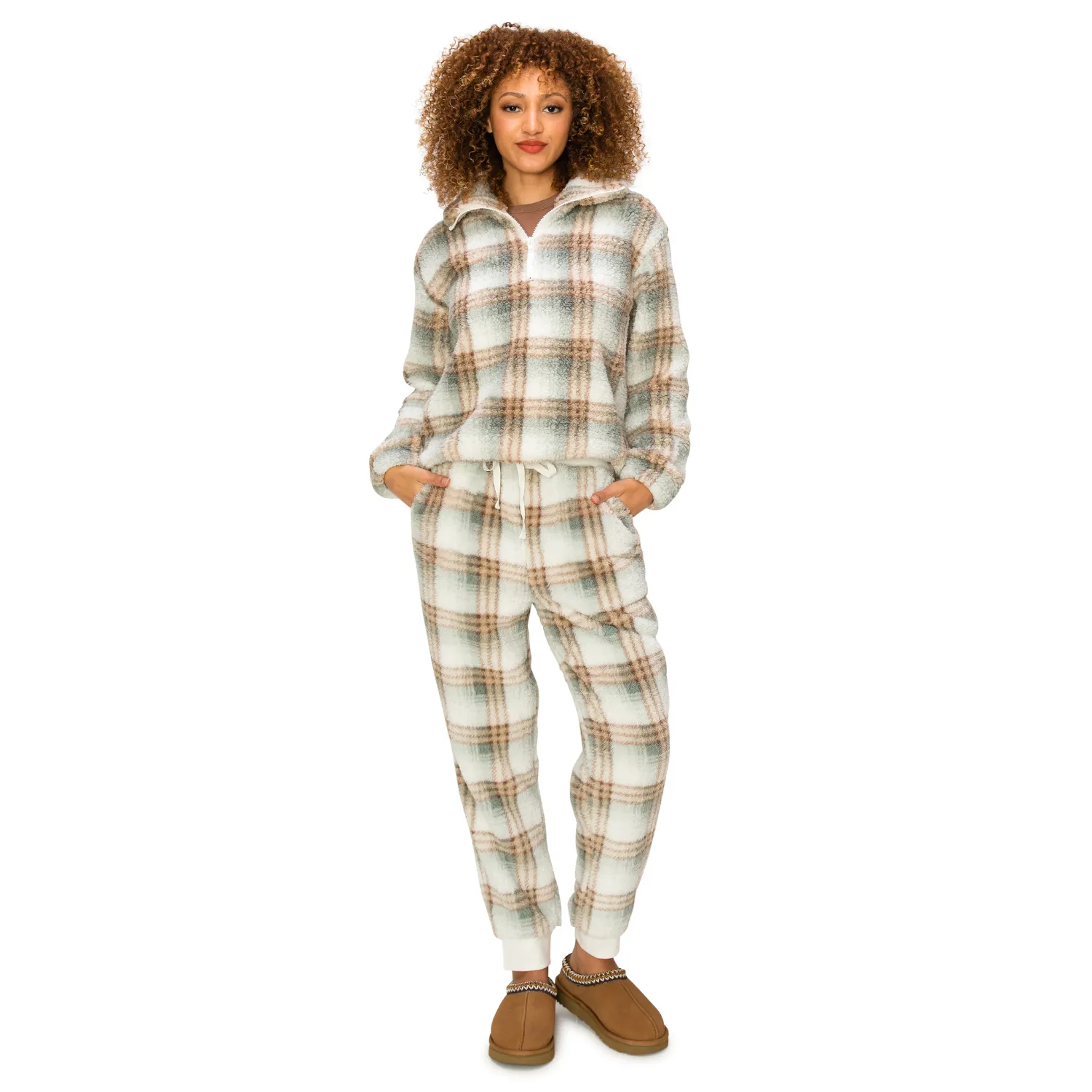 Sherpa Plaid Joggers Sweatpants - Sage Neutral