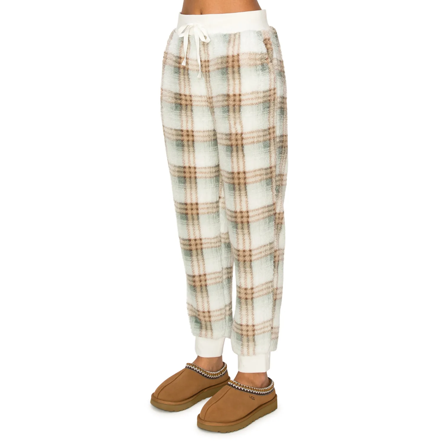 Sherpa Plaid Joggers Sweatpants - Sage Neutral
