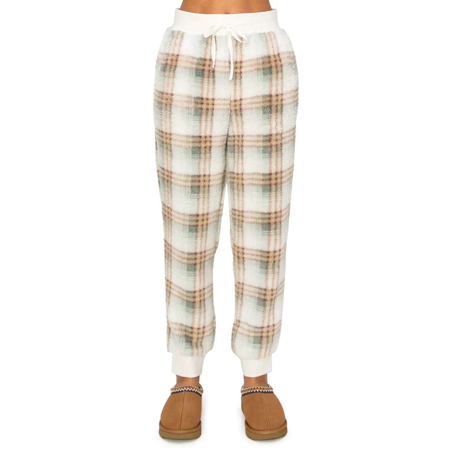Sherpa Plaid Joggers Sweatpants - Sage Neutral