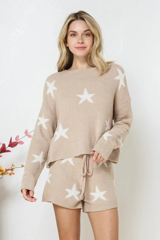 Soft Long Sleeve Star Print Top And Short Set Taupe