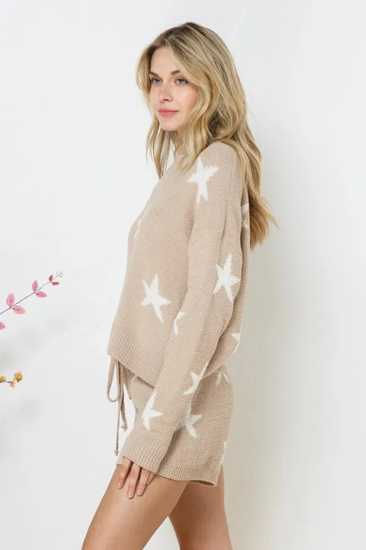 Soft Long Sleeve Star Print Top And Short Set Taupe