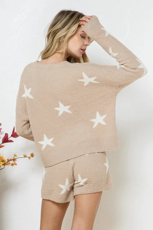 Soft Long Sleeve Star Print Top And Short Set Taupe
