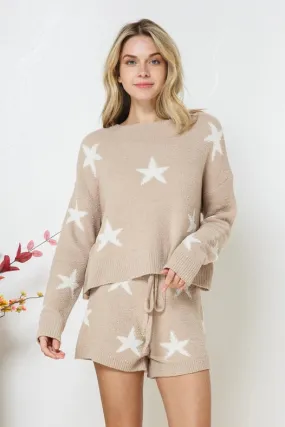 Soft Long Sleeve Star Print Top And Short Set Taupe
