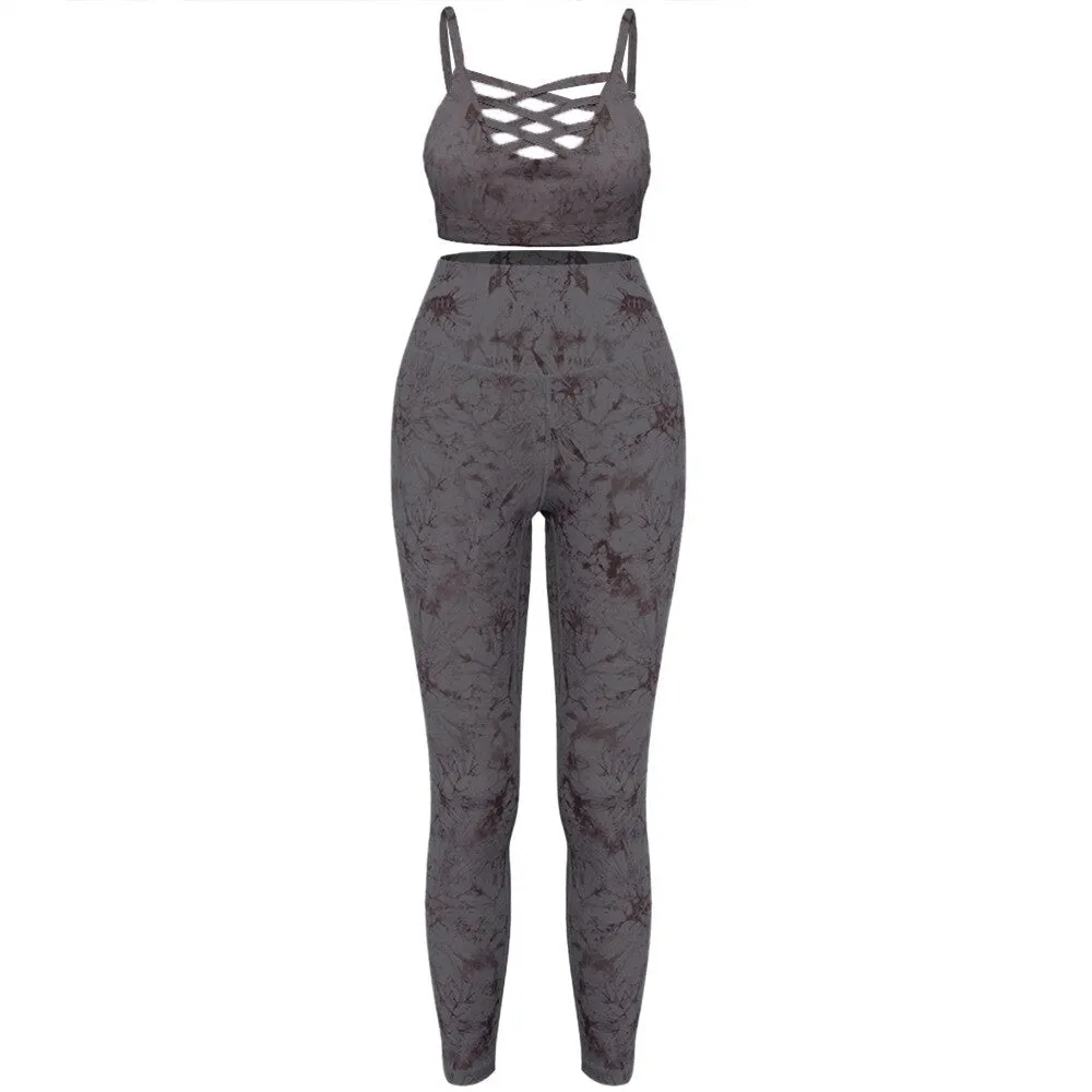 Women Yoga Fitness Set 2 Pcs Tie Dye Sport Leggings-Top