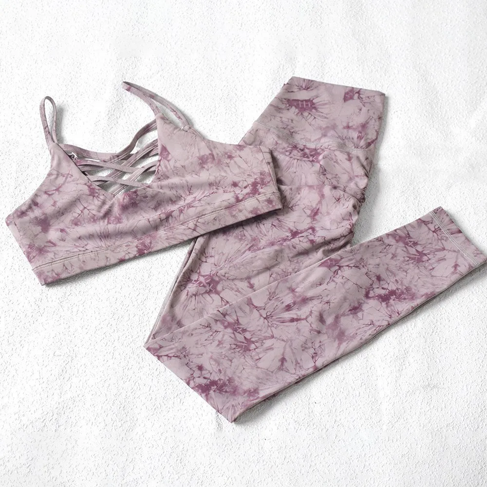 Women Yoga Fitness Set 2 Pcs Tie Dye Sport Leggings-Top