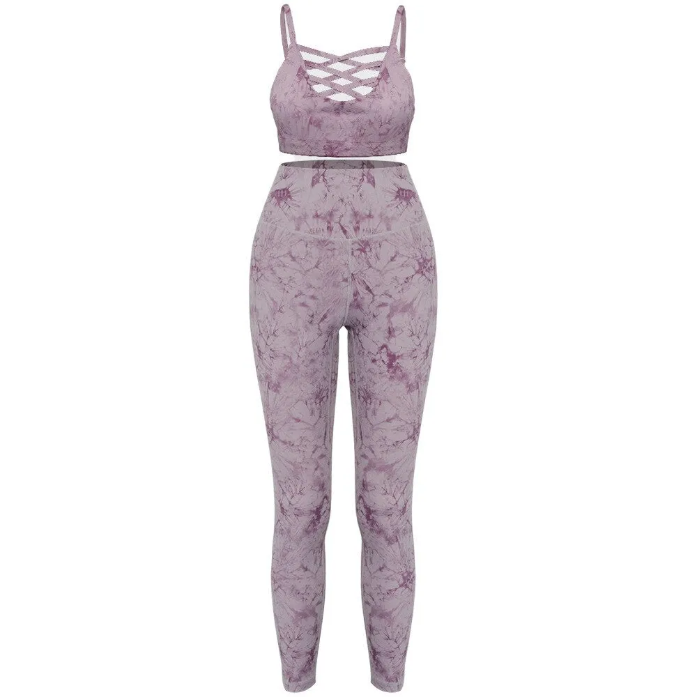 Women Yoga Fitness Set 2 Pcs Tie Dye Sport Leggings-Top