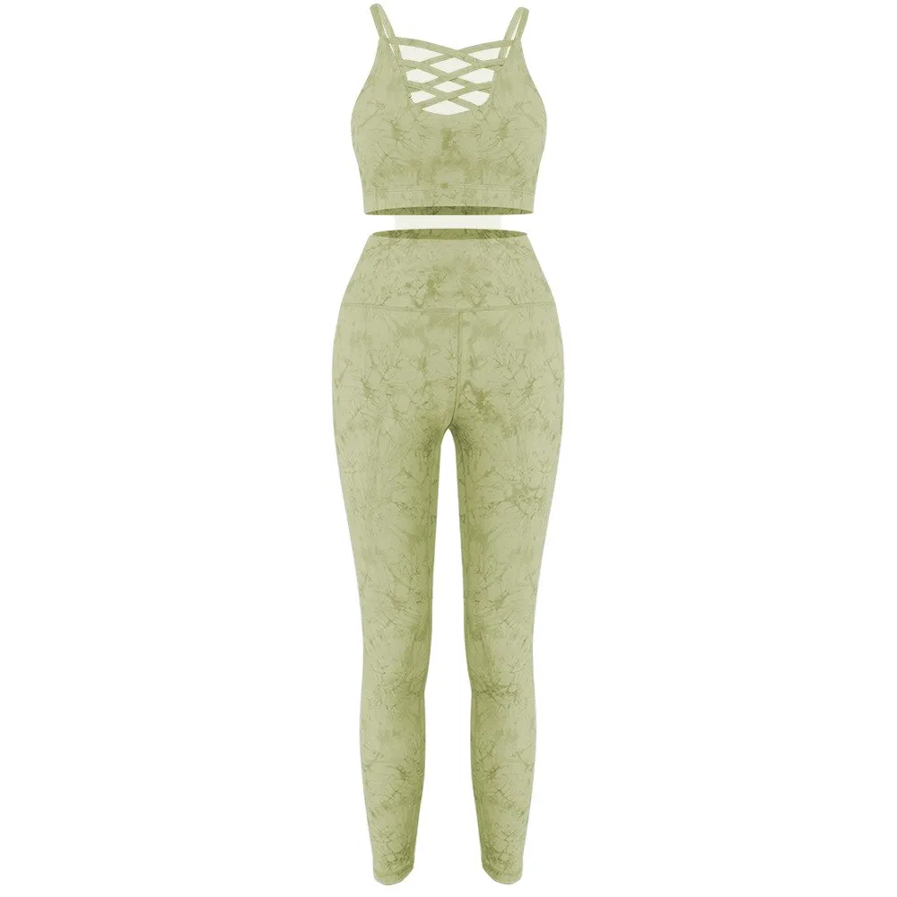 Women Yoga Fitness Set 2 Pcs Tie Dye Sport Leggings-Top