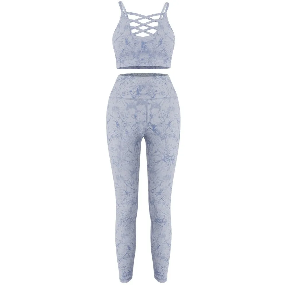 Women Yoga Fitness Set 2 Pcs Tie Dye Sport Leggings-Top