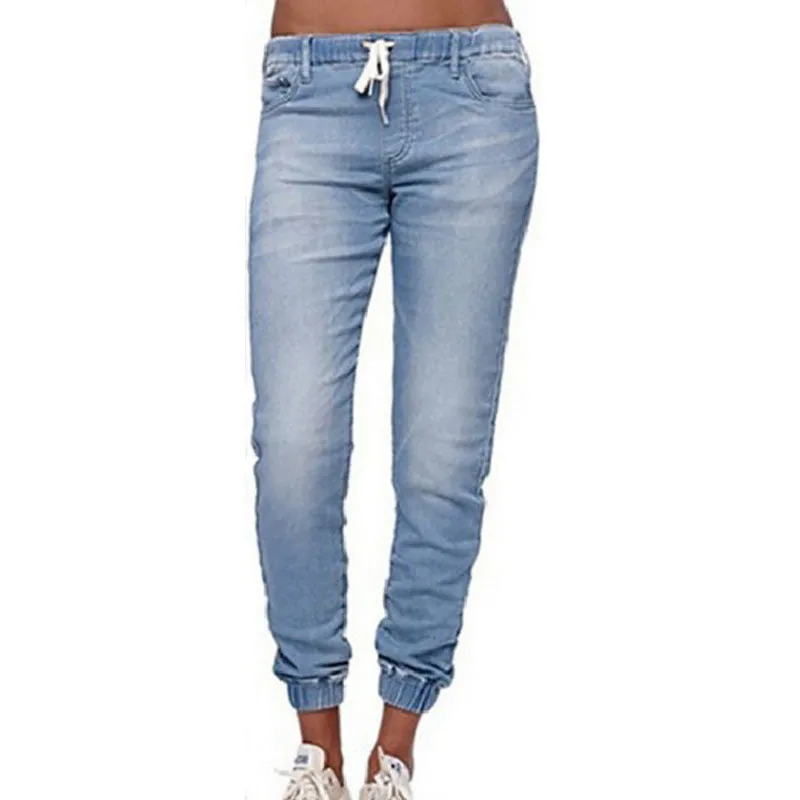 Womens Active Stretch Drawstring Joggers Pants Pull On Distressed Elastic Denim Shorts