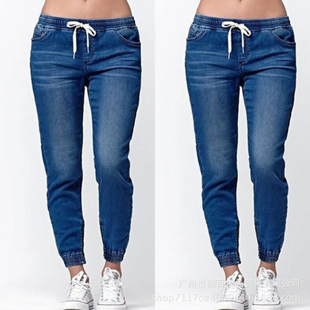 Womens Active Stretch Drawstring Joggers Pants Pull On Distressed Elastic Denim Shorts