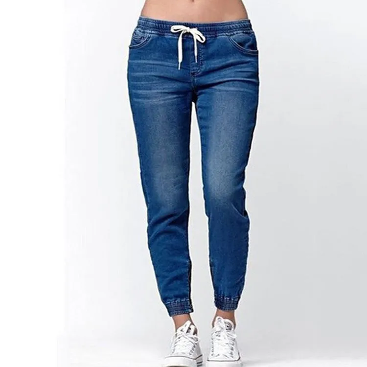 Womens Active Stretch Drawstring Joggers Pants Pull On Distressed Elastic Denim Shorts