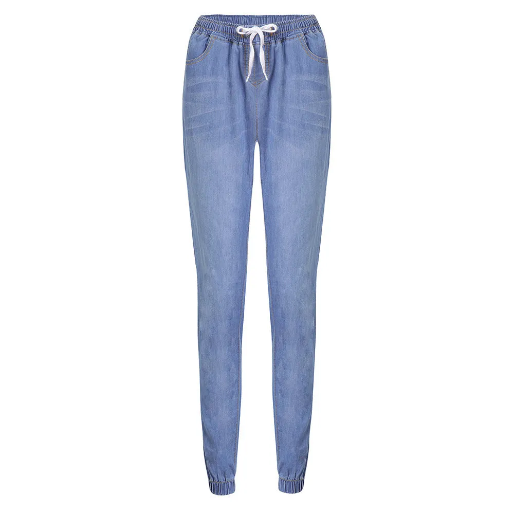 Womens Active Stretch Drawstring Joggers Pants Pull On Distressed Elastic Denim Shorts