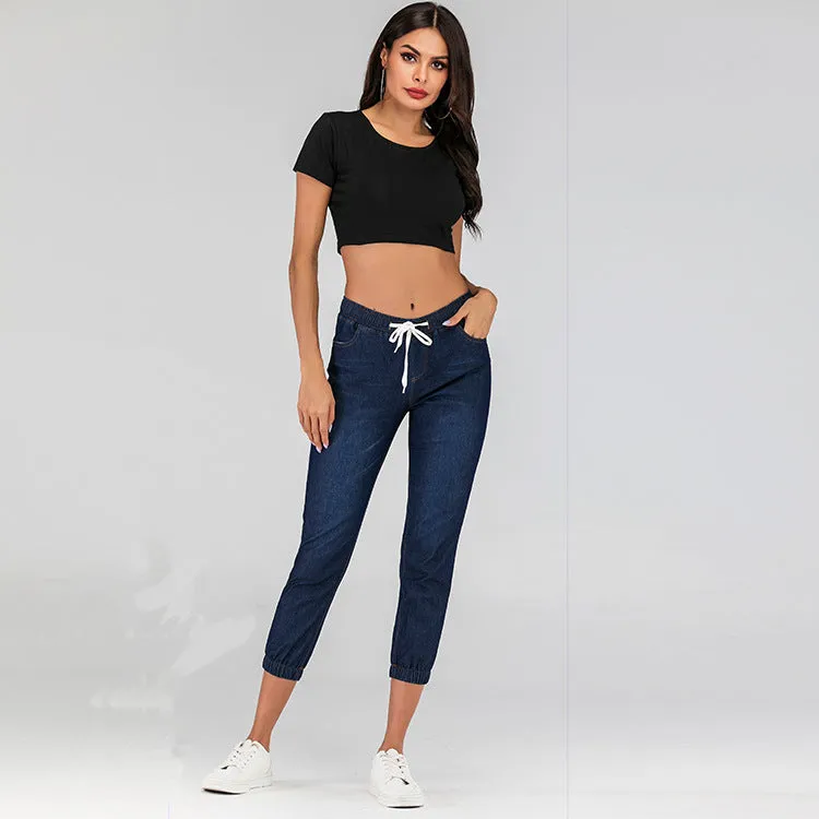 Womens Active Stretch Drawstring Joggers Pants Pull On Distressed Elastic Denim Shorts