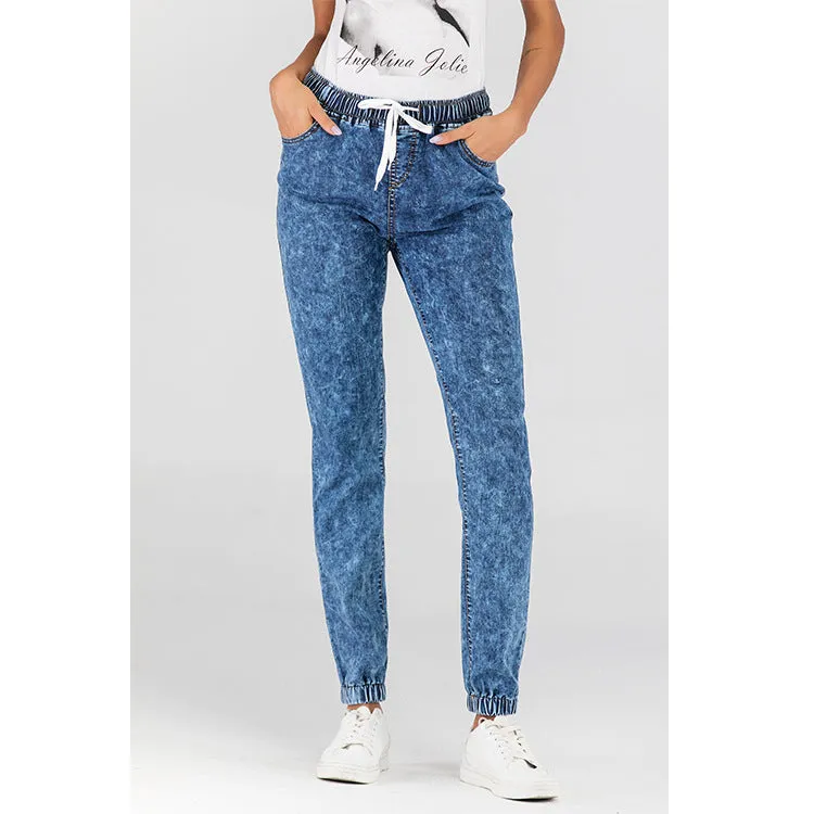 Womens Active Stretch Drawstring Joggers Pants Pull On Distressed Elastic Denim Shorts