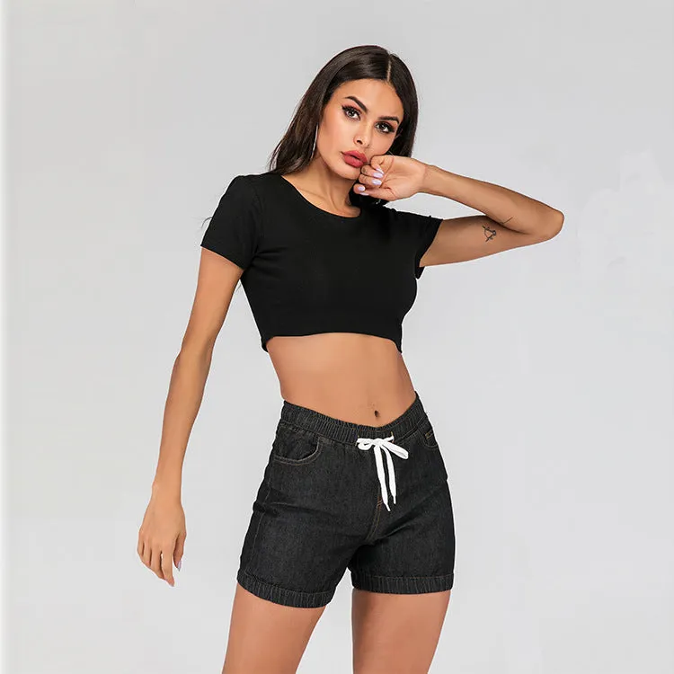Womens Active Stretch Drawstring Joggers Pants Pull On Distressed Elastic Denim Shorts