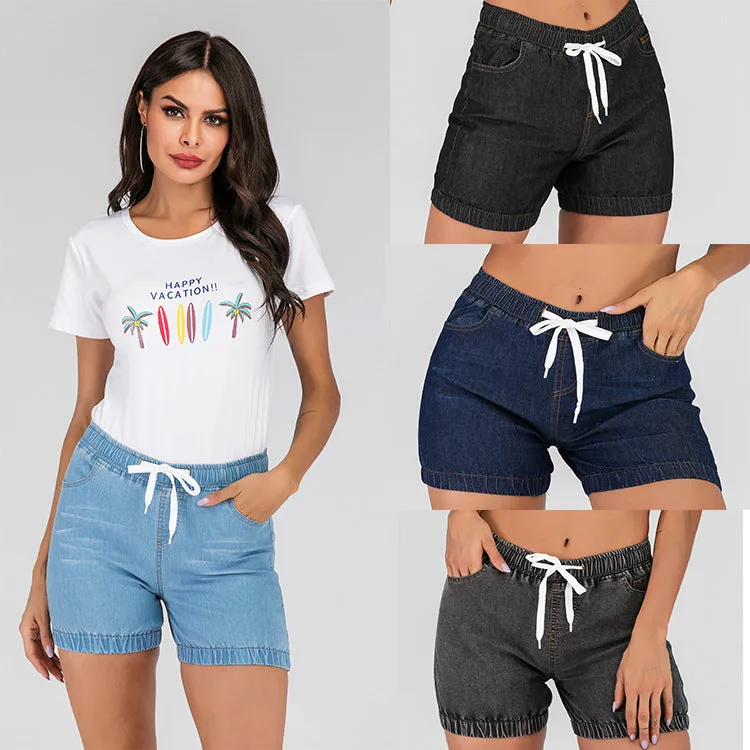 Womens Active Stretch Drawstring Joggers Pants Pull On Distressed Elastic Denim Shorts