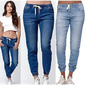 Womens Active Stretch Drawstring Joggers Pants Pull On Distressed Elastic Denim Shorts