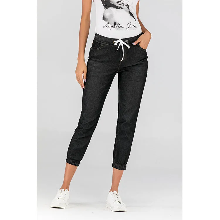 Womens Active Stretch Drawstring Joggers Pants Pull On Distressed Elastic Denim Shorts