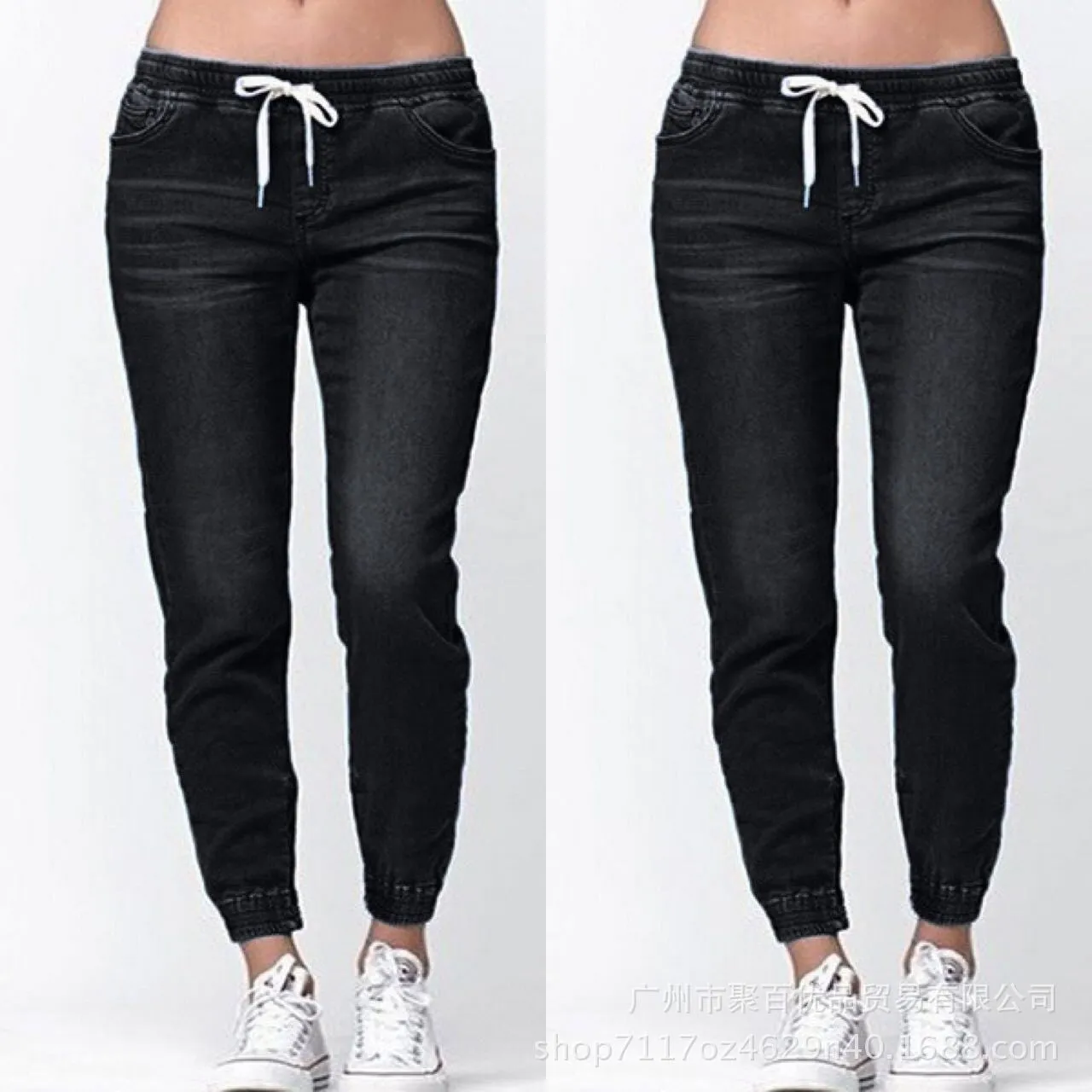Womens Active Stretch Drawstring Joggers Pants Pull On Distressed Elastic Denim Shorts